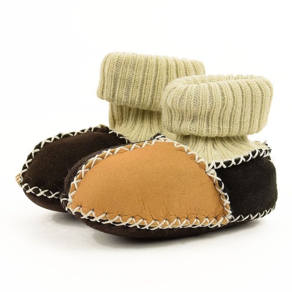 RICARDO B.H. Brown Patchwork Sheepskin Baby Slipper Booties Knit Cuffs 18M NWT